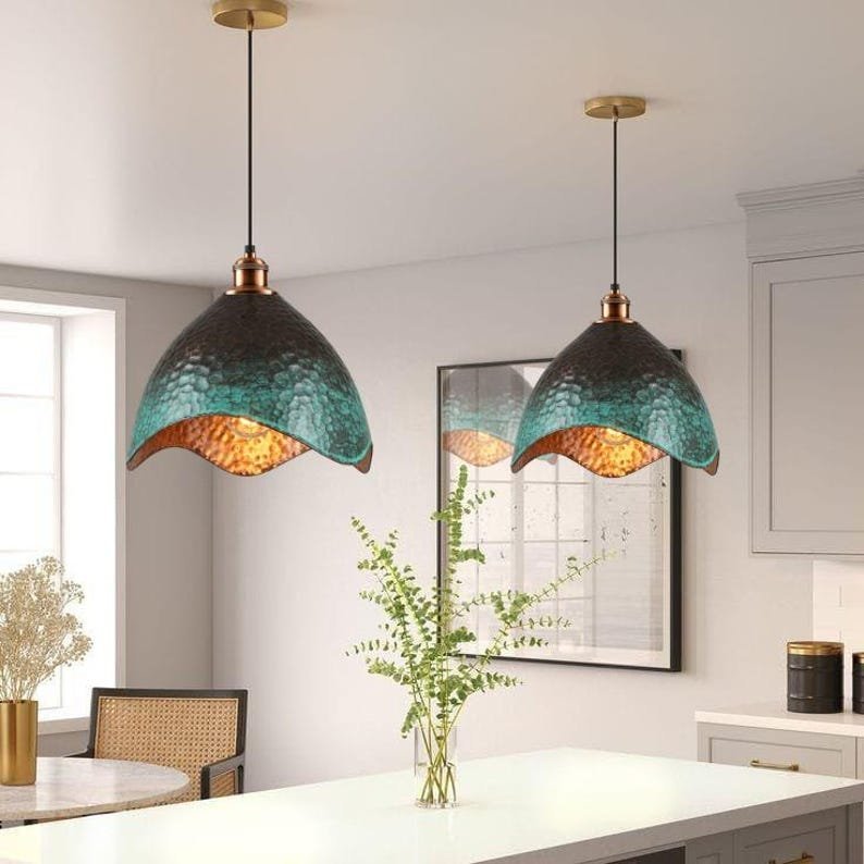 Set of 2 Green patina copper dome pendant light- oxidized turquoise patina with copper interior - modern kitchen island-vintage hanging lamp - Image 4
