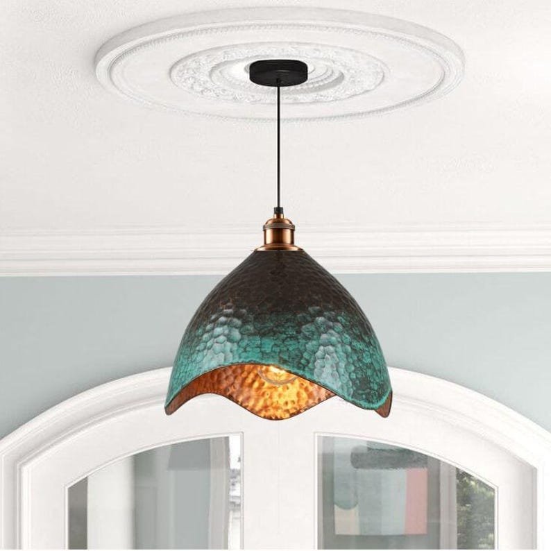 Set of 2 Green patina copper dome pendant light- oxidized turquoise patina with copper interior - modern kitchen island-vintage hanging lamp - Image 5