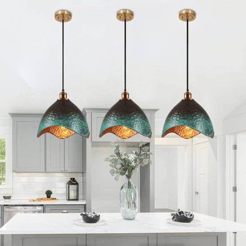 Set of 2 Green patina copper dome pendant light- oxidized turquoise patina with copper interior - modern kitchen island-vintage hanging lamp - Image 6