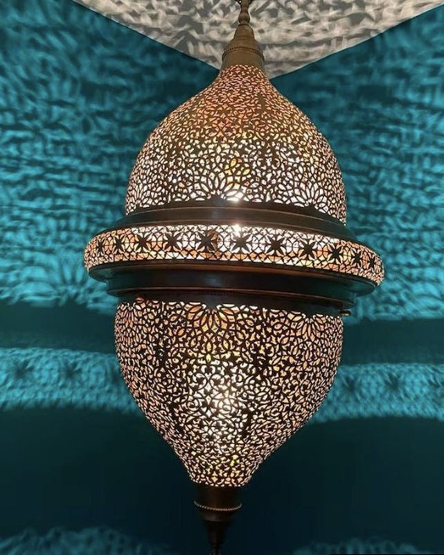 products-lamplawza2.jpg Handmade Moroccan Brass Pendant Lamp – Floral Dome Hanging Light - Image 7