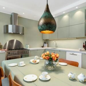 Handmade Oxidized Copper Dome Lamp: Green Patina Island Lighting