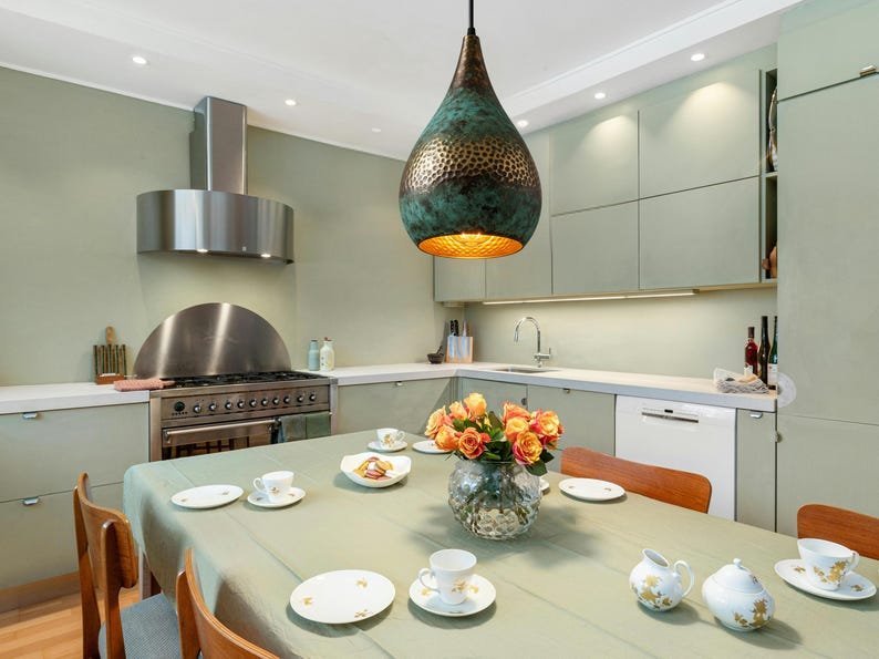 products-land1.jpg Handmade Oxidized Copper Dome Lamp: Green Patina Island Lighting