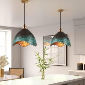Set of 2 Green patina copper dome pendant light- oxidized turquoise patina with copper interior - modern kitchen island-vintage hanging lamp
