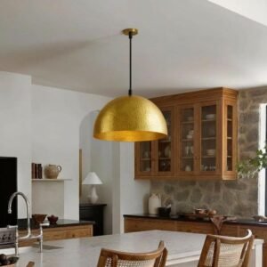 Pendant lamp – matte black teardrop with brass interior, kitchen island ceiling light for dining room and entryway, modern mid century style