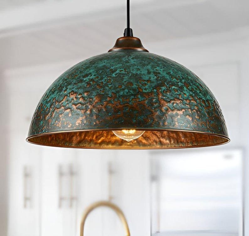 products-oxidizedturquoise1.jpg Set of 3 Green patina copper dome pendant light-oxidized turquoise patina with copper interior -modern kitchen island - vintage hanging lamp - Image 2