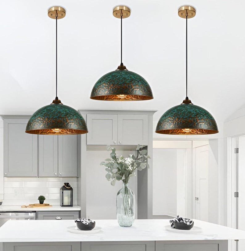 products-oxidizedturquoise2.jpg Set of 3 Green patina copper dome pendant light-oxidized turquoise patina with copper interior -modern kitchen island - vintage hanging lamp