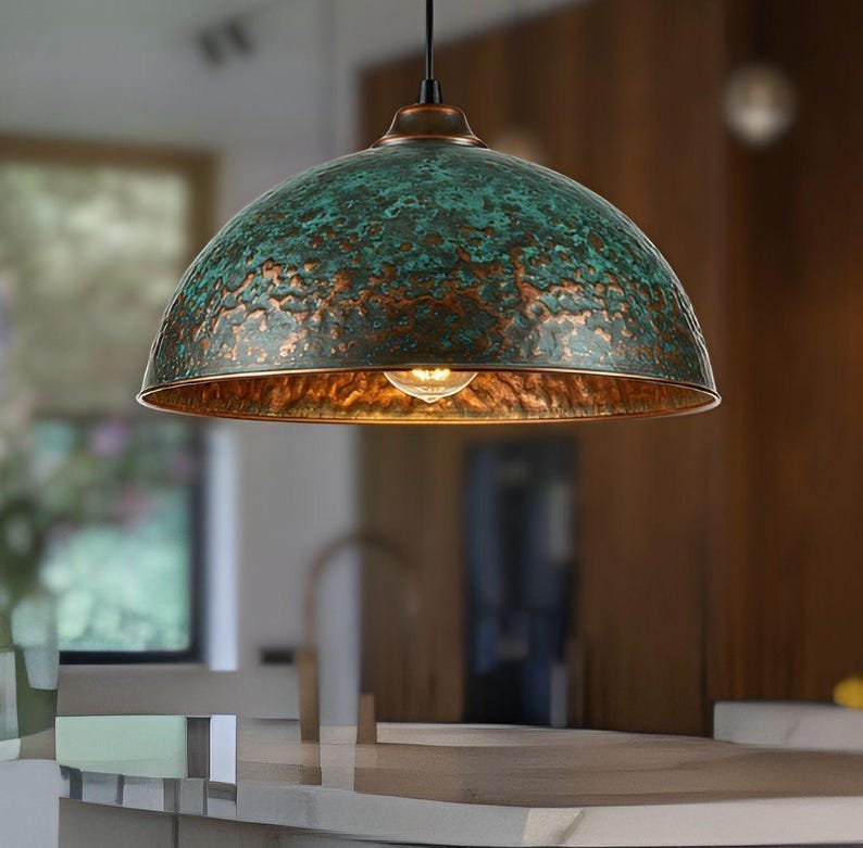 products-oxidizedturquoise3.jpg Set of 3 Green patina copper dome pendant light-oxidized turquoise patina with copper interior -modern kitchen island - vintage hanging lamp - Image 3