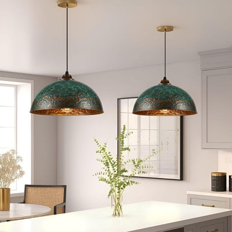 products-oxidizedturquoise4.jpg Set of 3 Green patina copper dome pendant light-oxidized turquoise patina with copper interior -modern kitchen island - vintage hanging lamp - Image 4