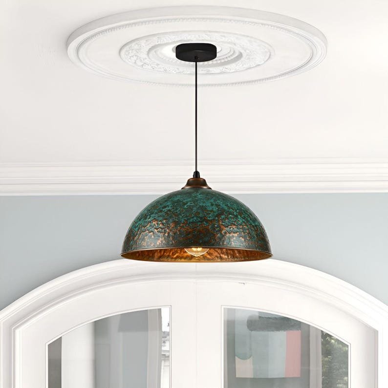 products-oxidizedturquoise5.jpg Set of 3 Green patina copper dome pendant light-oxidized turquoise patina with copper interior -modern kitchen island - vintage hanging lamp - Image 5