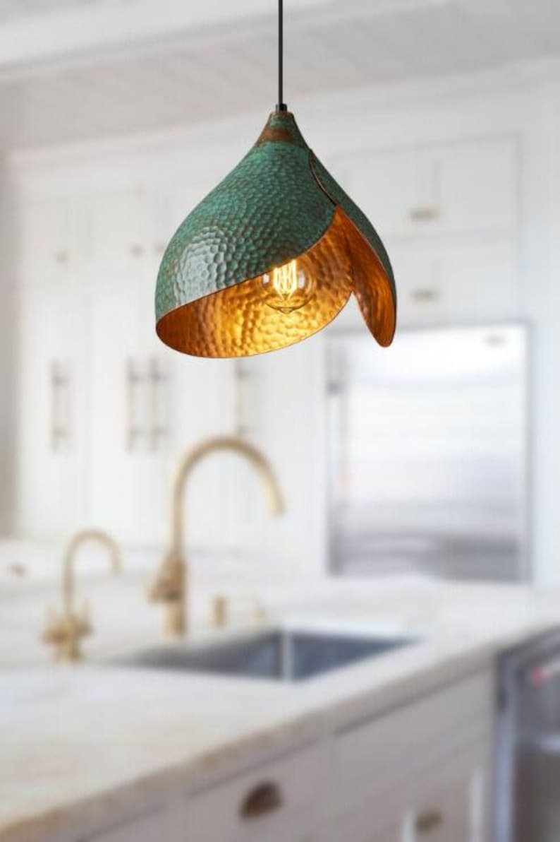 products-pieceinyourlivingroom5.jpg Handmade Oxidized Copper Pendant Light, Green Patina Copper Dome Pendant Light, Farmhouse Kitchen Ceiling Lamp Fixture - Image 5