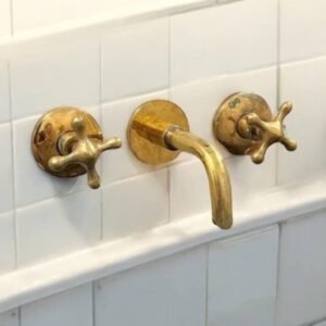 Unlacquered Brass Bathroom Faucet: Widespread 3-Hole Sink Fixture