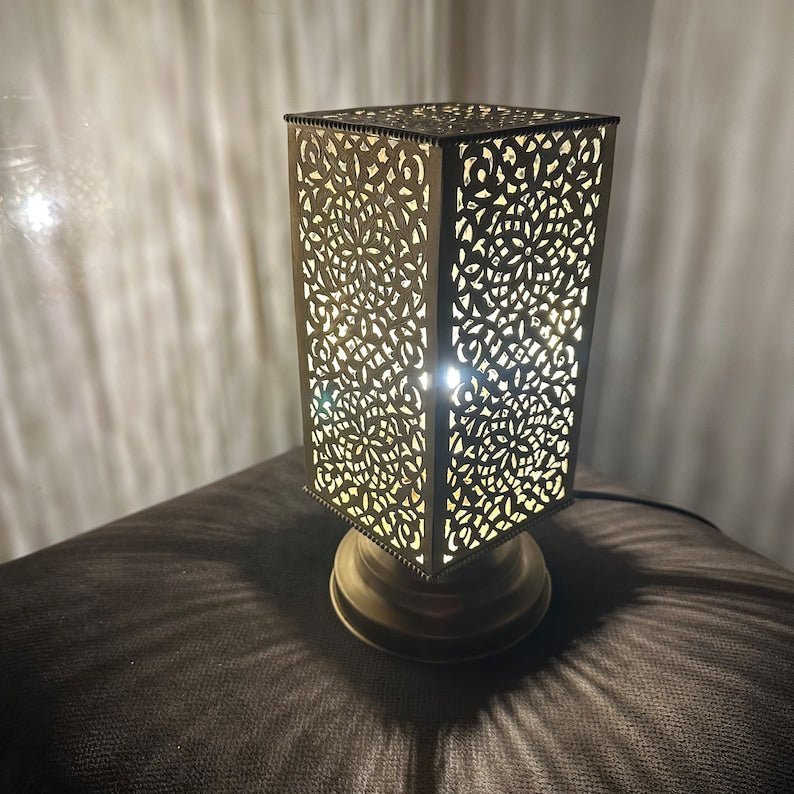products-squarebrasslamp1.jpg Moroccan brass table lamp, small brass table light lamps , handmade rectangular lampshade, boho art Silver bedside lamp, brass lampshad. - Image 4