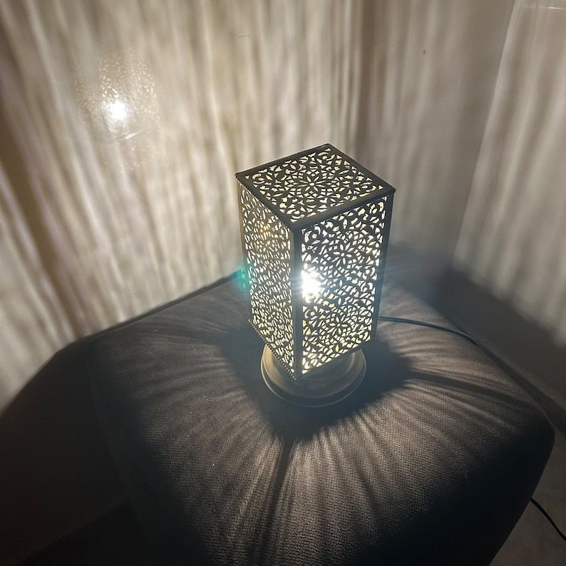 products-squarebrasslamp2.jpg Moroccan brass table lamp, small brass table light lamps , handmade rectangular lampshade, boho art Silver bedside lamp, brass lampshad. - Image 5