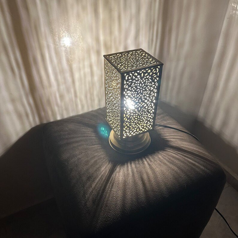 products-squarebrasslamp3.jpg Moroccan brass table lamp, small brass table light lamps , handmade rectangular lampshade, boho art Silver bedside lamp, brass lampshad. - Image 6