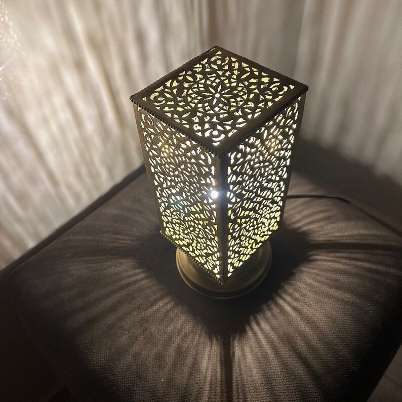 products-squarebrasslamp4.jpg Moroccan brass table lamp, small brass table light lamps , handmade rectangular lampshade, boho art Silver bedside lamp, brass lampshad. - Image 7