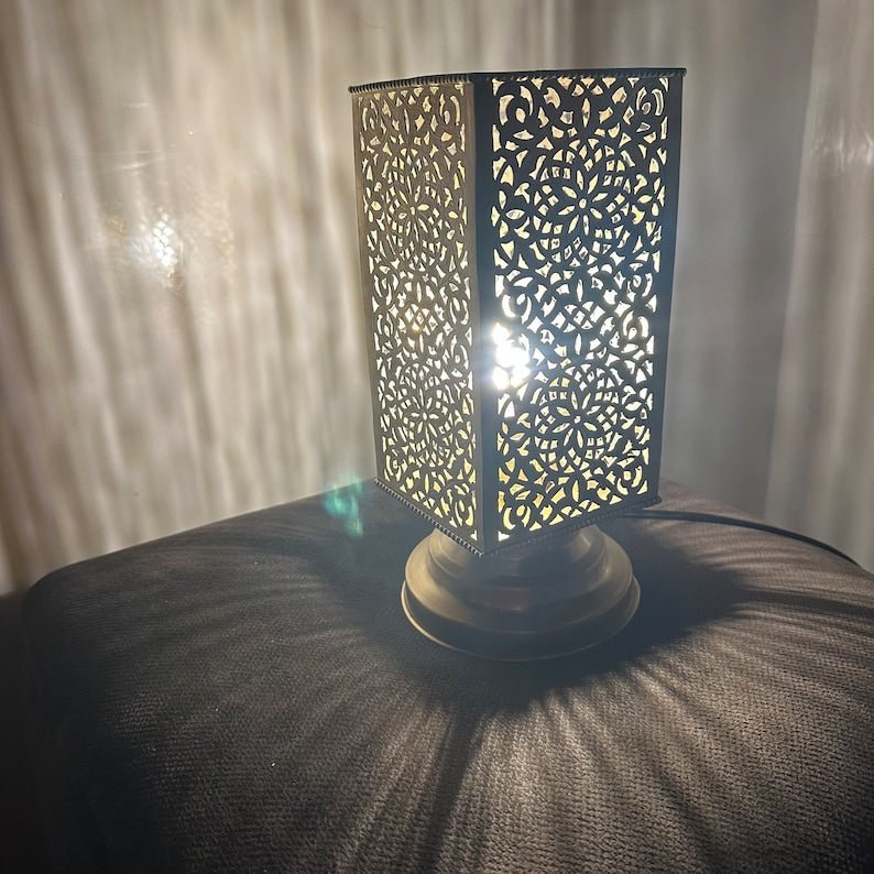 products-squarebrasslamp5.jpg Moroccan brass table lamp, small brass table light lamps , handmade rectangular lampshade, boho art Silver bedside lamp, brass lampshad. - Image 8