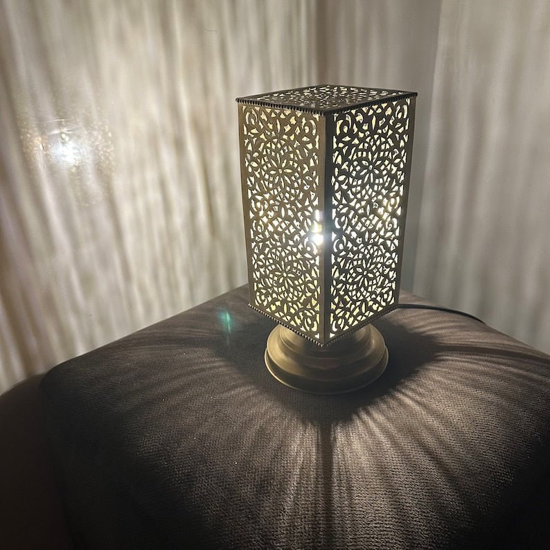products-squarebrasslamp6.jpg Moroccan brass table lamp, small brass table light lamps , handmade rectangular lampshade, boho art Silver bedside lamp, brass lampshad.