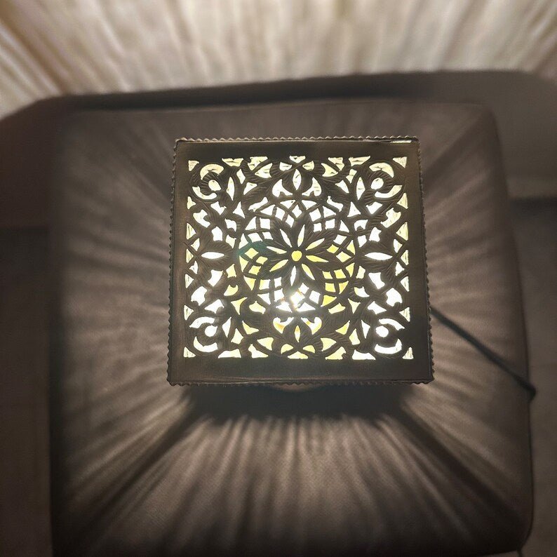 products-squarebrasslamp7.jpg Moroccan brass table lamp, small brass table light lamps , handmade rectangular lampshade, boho art Silver bedside lamp, brass lampshad. - Image 2