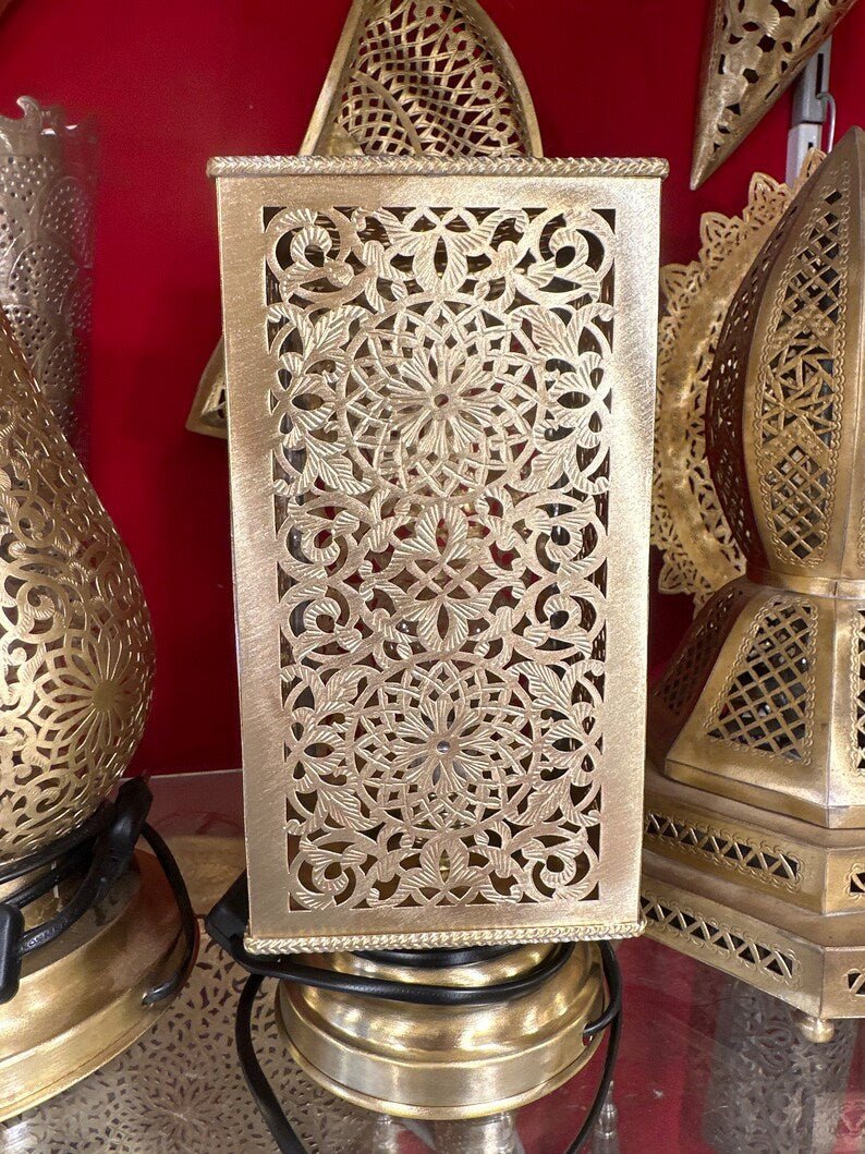 products-squarebrasslamp8.jpg Moroccan brass table lamp, small brass table light lamps , handmade rectangular lampshade, boho art Silver bedside lamp, brass lampshad. - Image 3