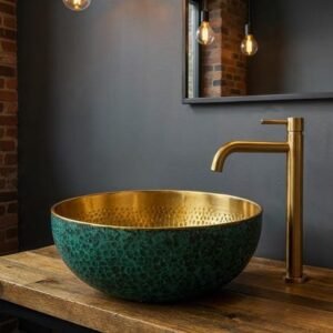 Hand-Hammered Brass Vessel Sink with Green Art Deco Pattern
