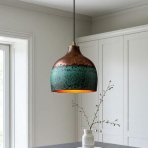 Handmade Hammered Copper Dome Pendant Light: Green Patina Rustic Chandelier