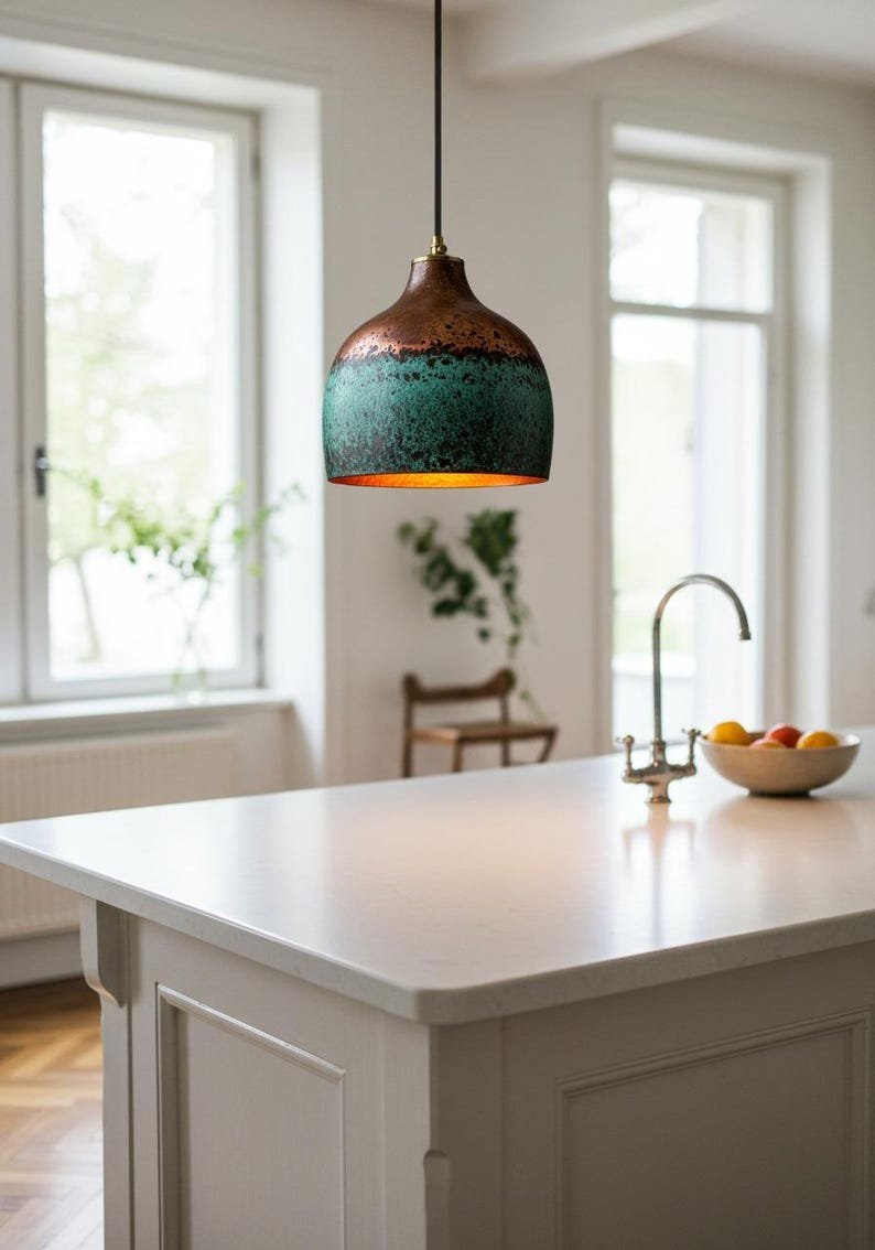 products-traditionaltechniques2.jpg Handmade Hammered Copper Dome Pendant Light: Green Patina Rustic Chandelier - Image 2