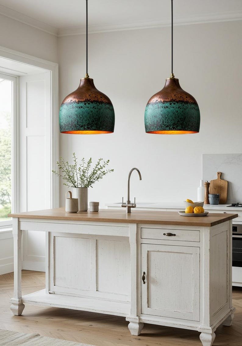 products-traditionaltechniques5.jpg Handmade Hammered Copper Dome Pendant Light: Green Patina Rustic Chandelier - Image 5