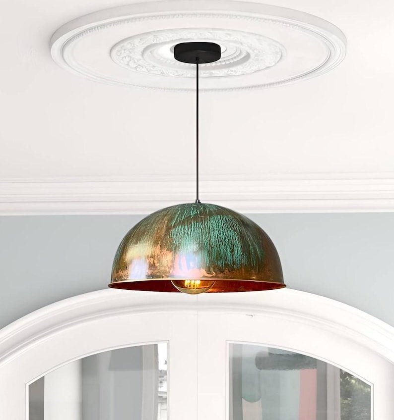 products-turquoise1.jpg Set of 3 Green patina copper dome pendant light-oxidized turquoise patina with copper interior -modern kitchen island - vintage hanging lamp - Image 2
