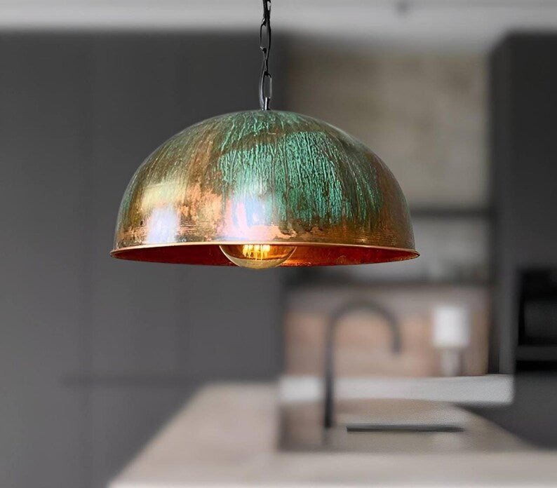 products-turquoise2.jpg Set of 3 Green patina copper dome pendant light-oxidized turquoise patina with copper interior -modern kitchen island - vintage hanging lamp - Image 3