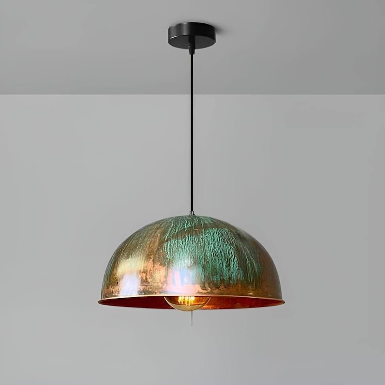products-turquoise3.jpg Set of 3 Green patina copper dome pendant light-oxidized turquoise patina with copper interior -modern kitchen island - vintage hanging lamp - Image 4