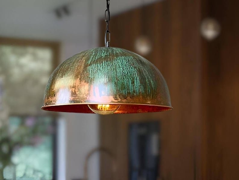 products-turquoise4.jpg Set of 3 Green patina copper dome pendant light-oxidized turquoise patina with copper interior -modern kitchen island - vintage hanging lamp - Image 5