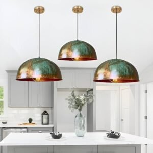 Set of 3 Green patina copper dome pendant light-oxidized turquoise patina with copper interior -modern kitchen island - vintage hanging lamp