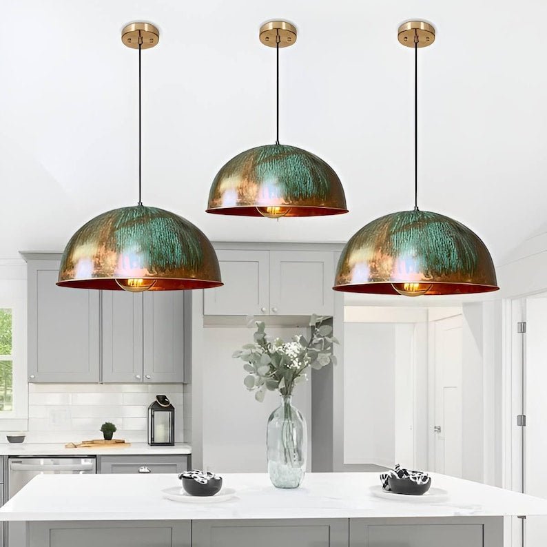 products-turquoise5.jpg Set of 3 Green patina copper dome pendant light-oxidized turquoise patina with copper interior -modern kitchen island - vintage hanging lamp