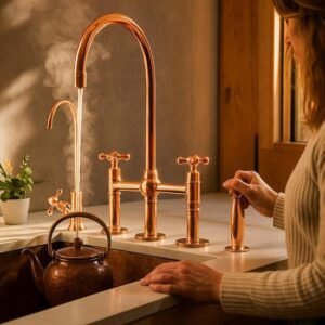 Solid Copper Kitchen Faucet Bridge Style with Side Sprayer, Farmhouse Copper Sink Tap, Vintage Copper Bridge Faucet Deck Mount Mixer
