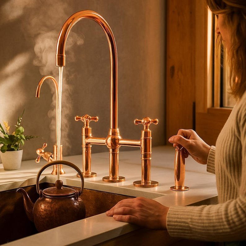 products-tylewithSideSprayer1.jpg Solid Copper Kitchen Faucet Bridge Style with Side Sprayer, Farmhouse Copper Sink Tap, Vintage Copper Bridge Faucet Deck Mount Mixer