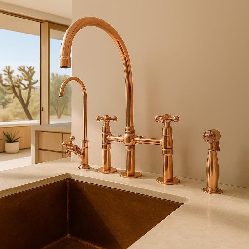 products-tylewithSideSprayer2.jpg Solid Copper Kitchen Faucet Bridge Style with Side Sprayer, Farmhouse Copper Sink Tap, Vintage Copper Bridge Faucet Deck Mount Mixer - Image 2