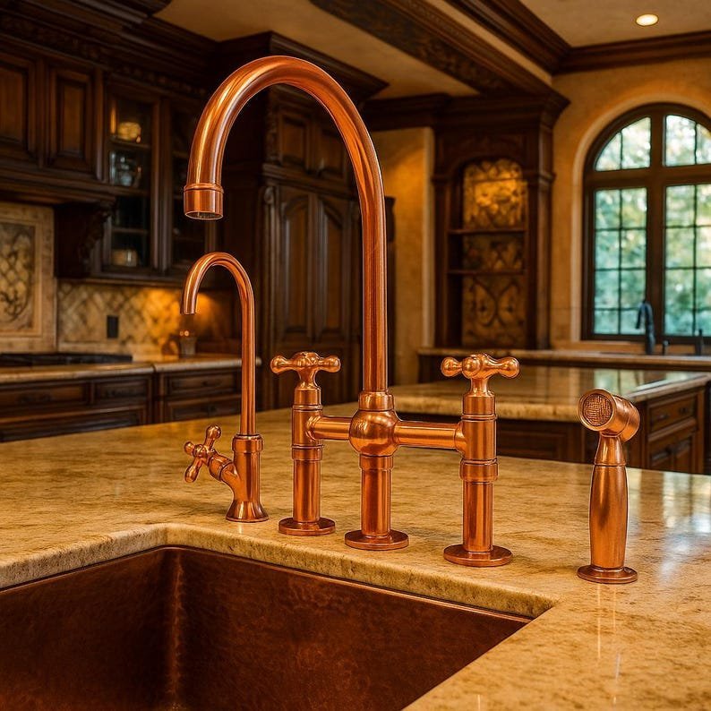 products-tylewithSideSprayer3.jpg Solid Copper Kitchen Faucet Bridge Style with Side Sprayer, Farmhouse Copper Sink Tap, Vintage Copper Bridge Faucet Deck Mount Mixer - Image 3