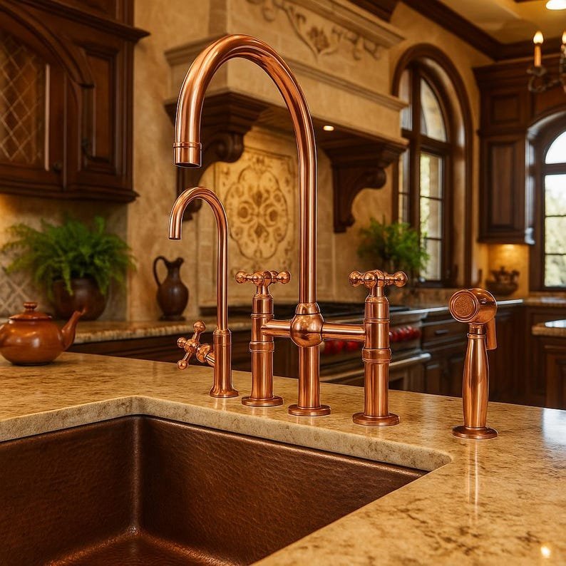products-tylewithSideSprayer4.jpg Solid Copper Kitchen Faucet Bridge Style with Side Sprayer, Farmhouse Copper Sink Tap, Vintage Copper Bridge Faucet Deck Mount Mixer - Image 4