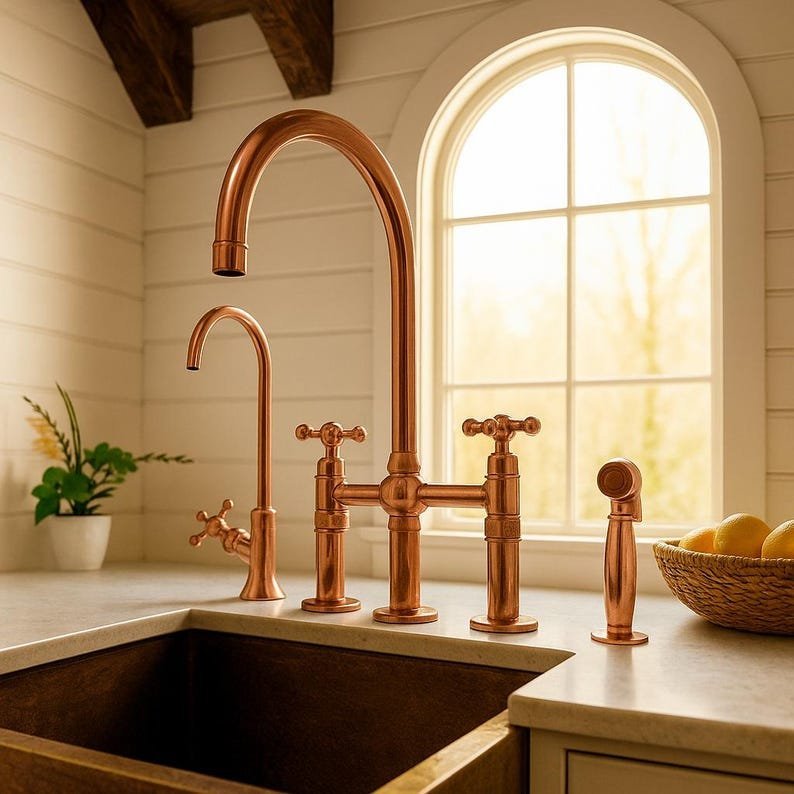 products-tylewithSideSprayer5.jpg Solid Copper Kitchen Faucet Bridge Style with Side Sprayer, Farmhouse Copper Sink Tap, Vintage Copper Bridge Faucet Deck Mount Mixer - Image 5