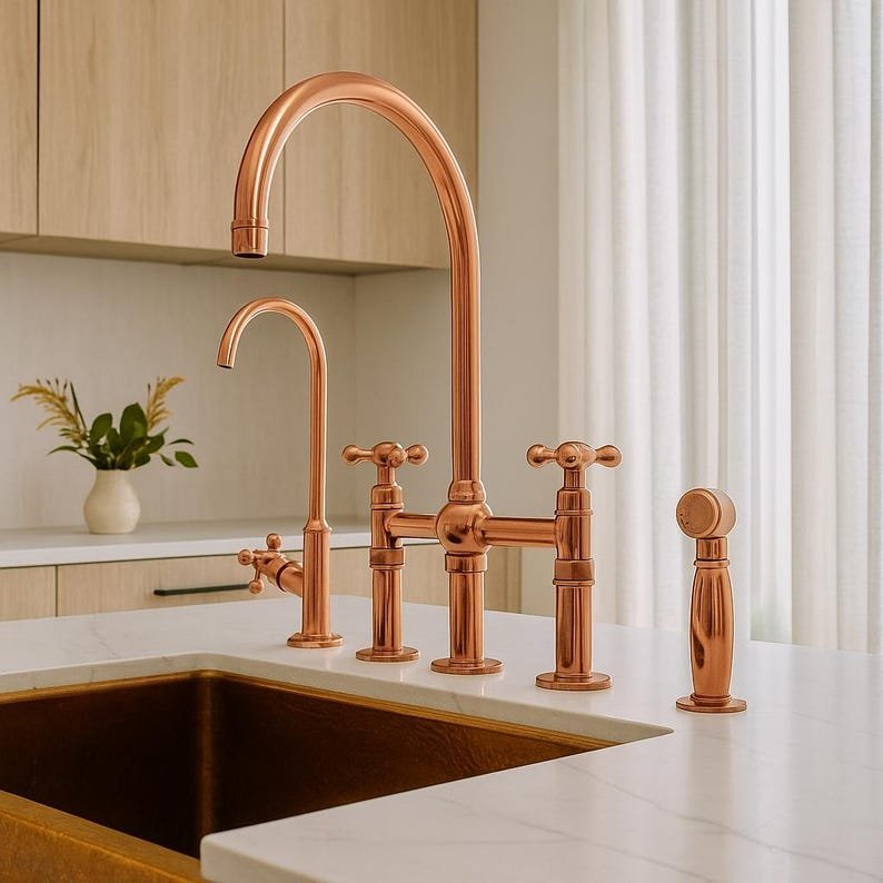 products-tylewithSideSprayer6.jpg Solid Copper Kitchen Faucet Bridge Style with Side Sprayer, Farmhouse Copper Sink Tap, Vintage Copper Bridge Faucet Deck Mount Mixer - Image 6
