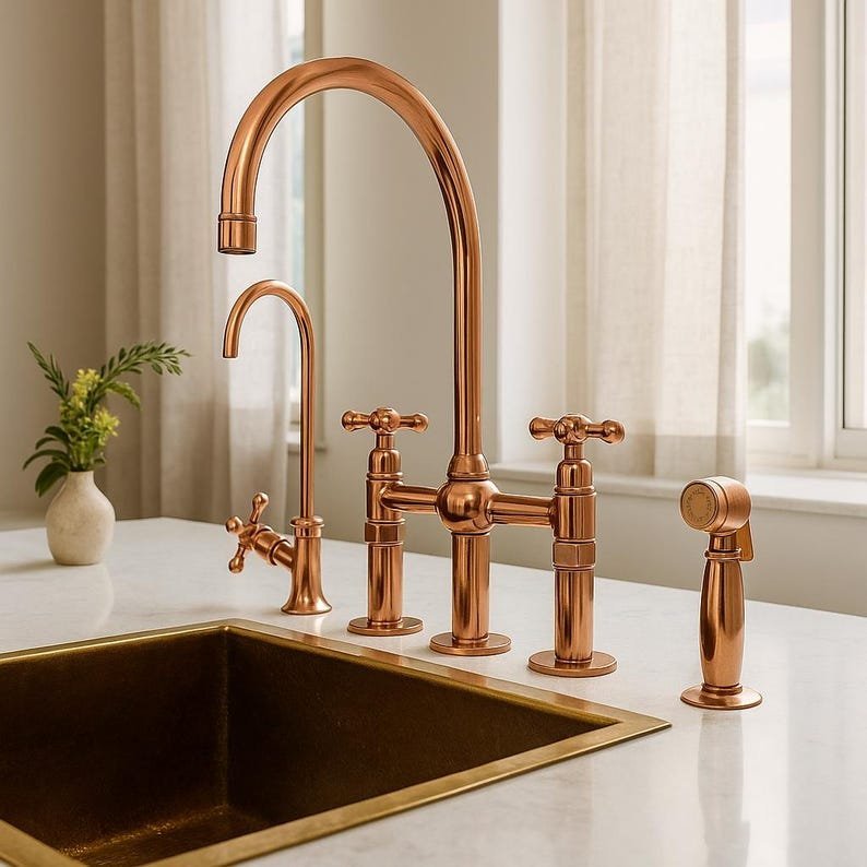 products-tylewithSideSprayer8.jpg Solid Copper Kitchen Faucet Bridge Style with Side Sprayer, Farmhouse Copper Sink Tap, Vintage Copper Bridge Faucet Deck Mount Mixer - Image 8