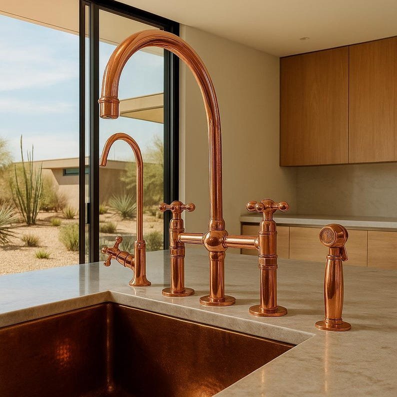 products-tylewithSideSprayer9.jpg Solid Copper Kitchen Faucet Bridge Style with Side Sprayer, Farmhouse Copper Sink Tap, Vintage Copper Bridge Faucet Deck Mount Mixer - Image 9