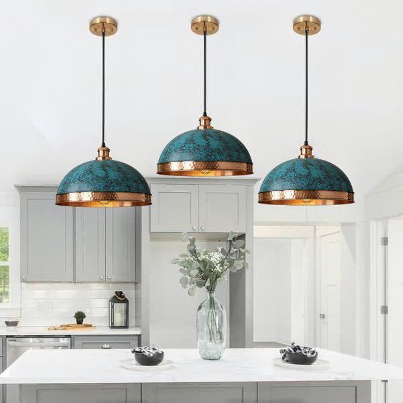 products-vintagehanging1.jpg set of 3 Green patina copper dome pendant light-oxidized turquoise patina with copper interior -modern kitchen island - vintage hanging lamp