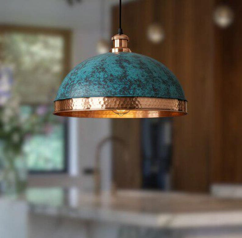 products-vintagehanging2.jpg set of 3 Green patina copper dome pendant light-oxidized turquoise patina with copper interior -modern kitchen island - vintage hanging lamp - Image 2