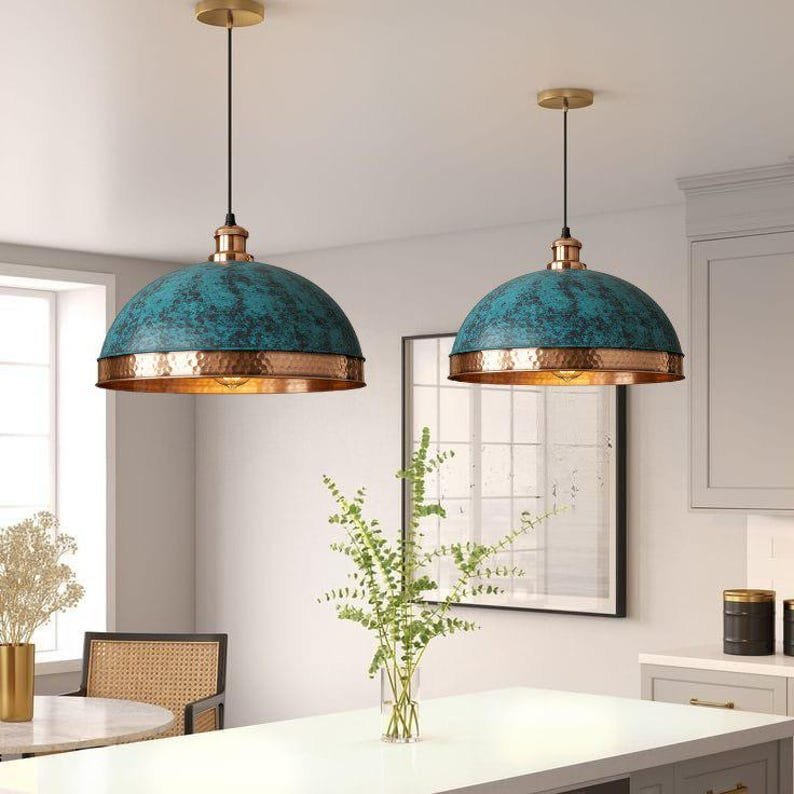 products-vintagehanging3.jpg set of 3 Green patina copper dome pendant light-oxidized turquoise patina with copper interior -modern kitchen island - vintage hanging lamp - Image 3