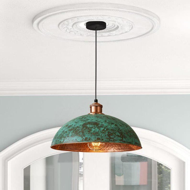 set of 2 Green patina copper dome pendant light- oxidized turquoise patina with copper interior - modern kitchen island-vintage hanging lamp - Image 2