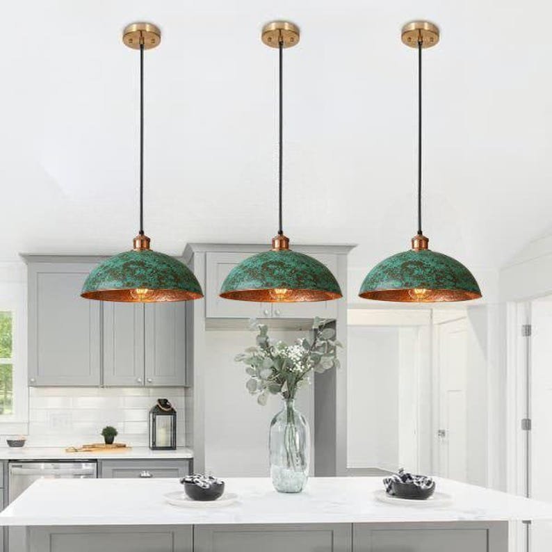 set of 2 Green patina copper dome pendant light- oxidized turquoise patina with copper interior - modern kitchen island-vintage hanging lamp - Image 3