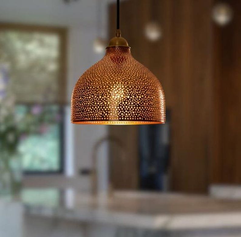 copper dome pendant light - oxidized turquoise patina with copper interior - modern kitchen island light - vintage hanging lamp - Image 2