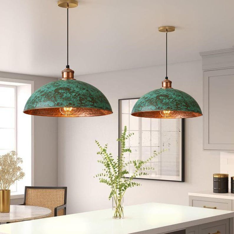 set of 2 Green patina copper dome pendant light- oxidized turquoise patina with copper interior - modern kitchen island-vintage hanging lamp