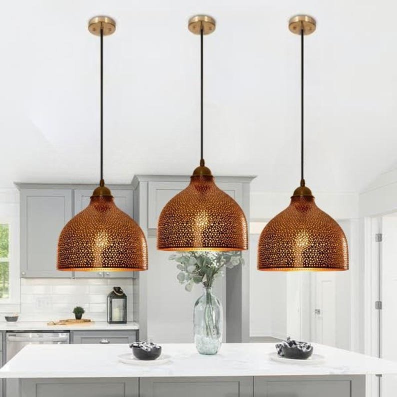 copper dome pendant light - oxidized turquoise patina with copper interior - modern kitchen island light - vintage hanging lamp - Image 3